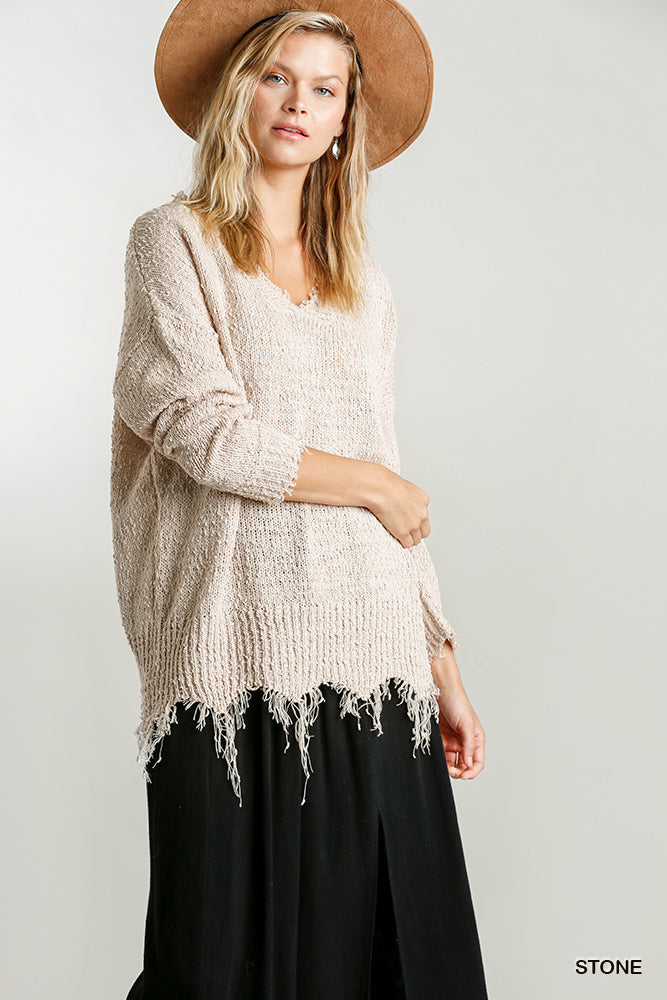 Knit Pullover Sweater with Frayed Hem