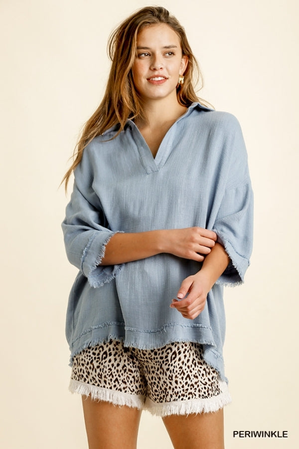 Linen Blend Collared 3/4 Sleeve Top (Periwinkle)