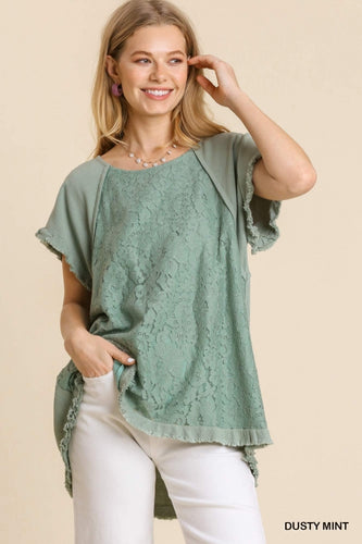 Linen Blend Floral Lace Detail Short Sleeve Top (Mint)