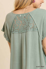 Linen Blend Floral Lace Detail Short Sleeve Top (Mint)
