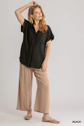 Button Down Short Short Sleeve Top  (Black)