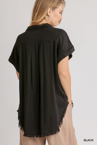 Button Down Short Short Sleeve Top  (Black)