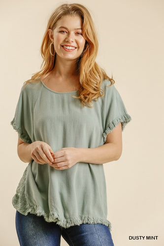 Andrea Lace Back Top Frayed Hem (Dusty Mint)
