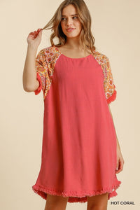 Floral Print Short Sleeve Dress with Pockets (Coral)
