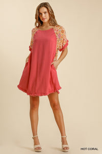 Floral Print Short Sleeve Dress with Pockets (Coral)