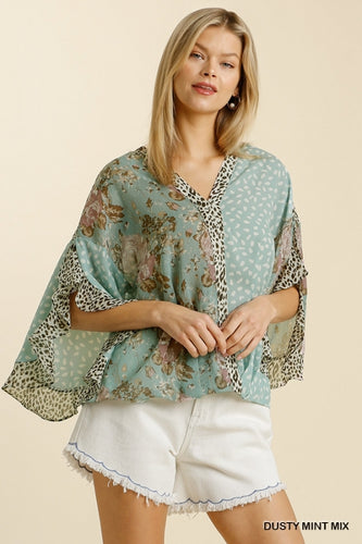 Keely Animal Print Ruffle Sleeve Top (Dusty Mint)