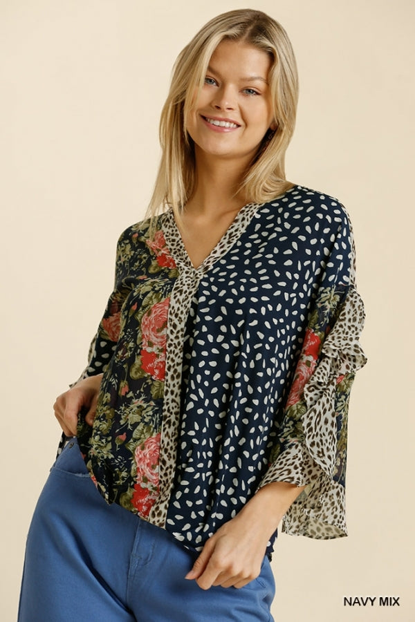 Keely Animal Print Ruffle Sleeve Top (Navy Mix)