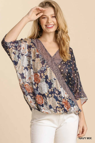 Genevieve Mixed Print Top (Navy Mix)