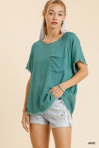 Hazel Casual Raw Edge Top with Pocket (Jade)