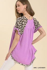 Alayna Animal Pring Sleeve Frayed Top (Lavender)