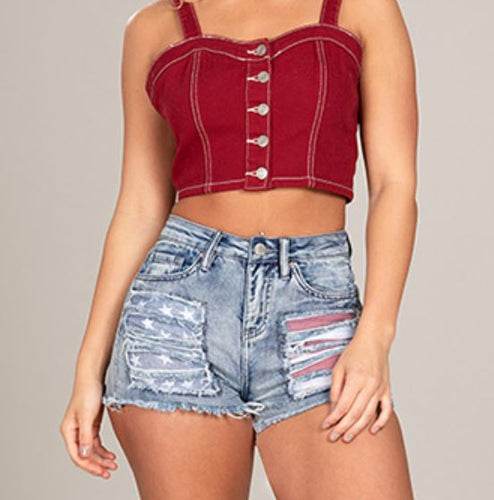 Juniors High-Rise American Flag Distressed Shorts