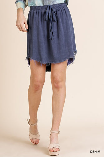 Adela Hi Low Fringe Hem Skirt (Denim)