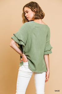 Elizabeth Layered Ruffle Short Sleeve Top (Sage)