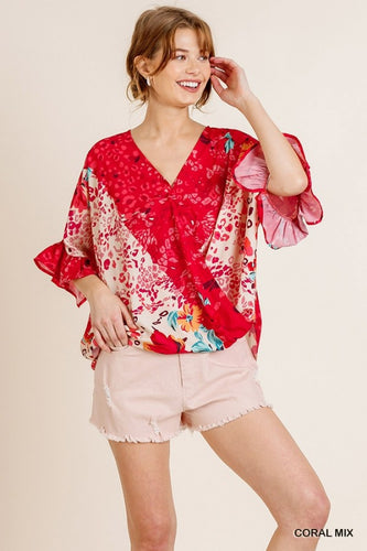 Athena Floral Animal Mixed Print Ruffle Top (Coral)