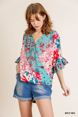 Athena Floral Animal Mixed Print Ruffle Top (Mint)
