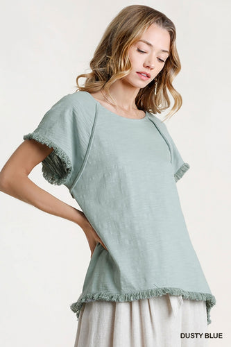 Madelaine Hi Low Neck Frayed Hem (Dusty Blue)