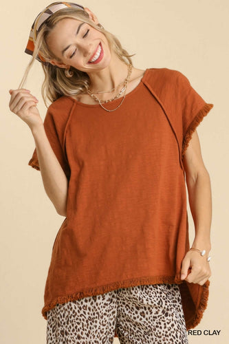 Madelaine Hi Low Neck Frayed Hem  (Clay)