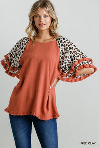 Tatum Animal Print Layered Bell Sleeve (Red Clay)