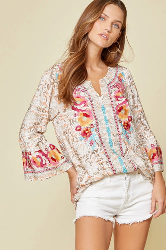 Lennon Embroidered Snakeskin Top (Blush Mocha)