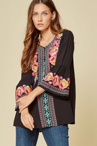 Penelope Embroidered Bell Sleeve Top (Black)