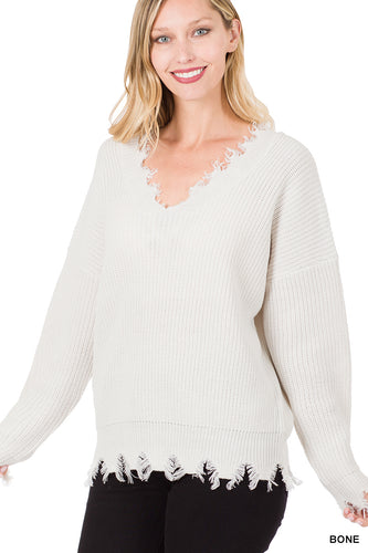 Drop Shoulder Distressed Sweater (Bone)
