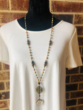 Stone Bead Necklace with Crystal Pendant (Multi) Long