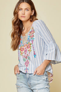 Khloe Embroidered Striped Bell Sleeve Top (Denim Multi)