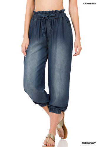 Chambray Drawstring Paperbag Waist Jogger Pants