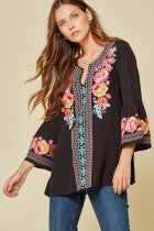Penelope Embroidered Bell Sleeve Top (Black)