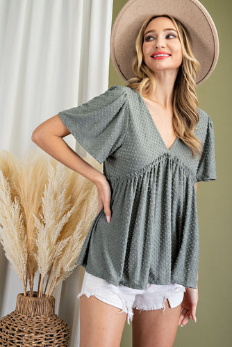 Tufted Dot V-Neck Babydoll Top (Dry Herb)