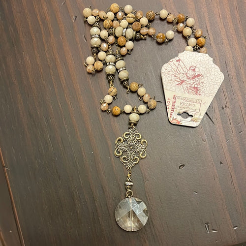 Stone Bead Necklace with Crystal Pendant (Natural)