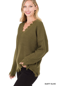 Drop Shoulder Distressed Sweater (Olive)
