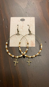 Stone Bead with Cross Earrings (Natural)