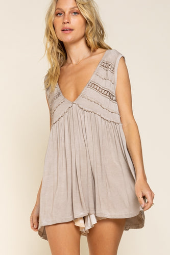 Hailey Lace Trim Baby Doll Top (Taupe)