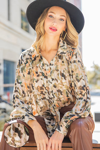 Greely Watercolor Print Button Down Blouse (Olive/Clay)