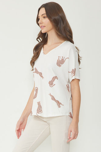 Myra Cheetah Top Deep V-Neck Short Sleeve Top (Cream)
