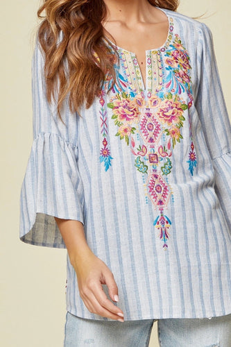 Khloe Embroidered Striped Bell Sleeve Top (Denim Multi)