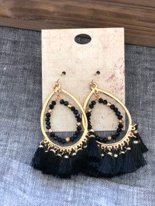 Beaded Fringe Double Hoop Earrings (Black)