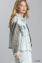 Denim Jacket with Animal Print Contrast Sleeves and Raw Hem