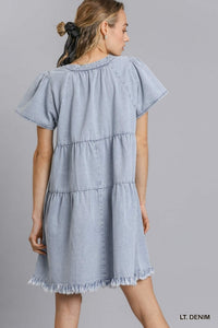 Square Neckline Short Sleeve Denim Dress (Light Denim)