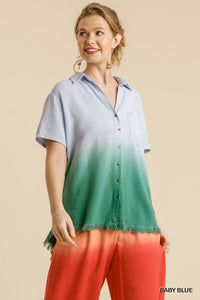 Maddy Dip Dye Button Down Frayed Top (Blue/Green)