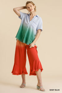 Maddy Dip Dye Button Down Frayed Top (Blue/Green)