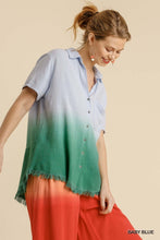 Maddy Dip Dye Button Down Frayed Top (Blue/Green)