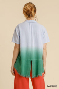 Maddy Dip Dye Button Down Frayed Top (Blue/Green)