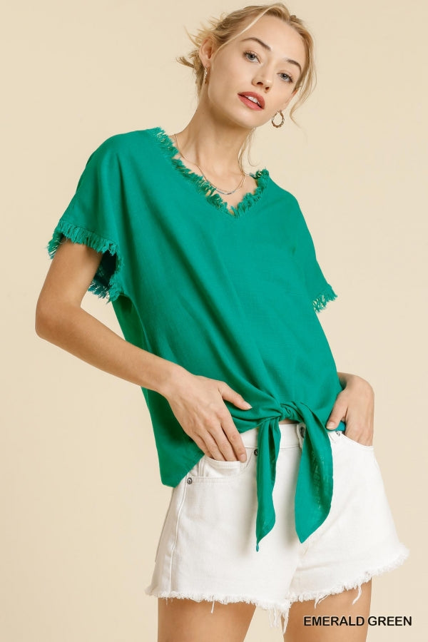 Willow Front Tie Frayed Top (Emerald)