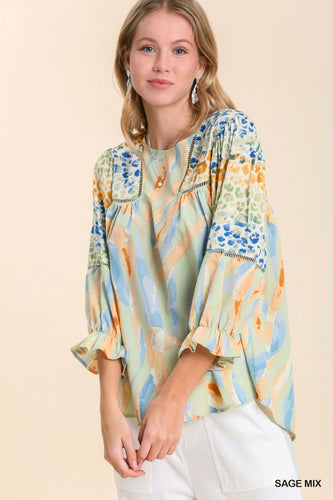 Hazel's Pastel Mixed Print Top (Sage Mix)