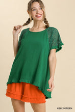 Linen Blend Floral Crochet Top Sleeve Top (Emerald)