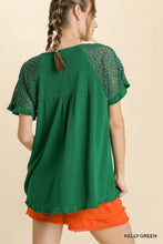 Linen Blend Floral Crochet Top Sleeve Top (Emerald)