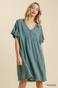 Alayna Button Front Short Ruffle Sleeve Dress (Teal Blue)