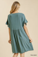 Alayna Button Front Short Ruffle Sleeve Dress (Teal Blue)